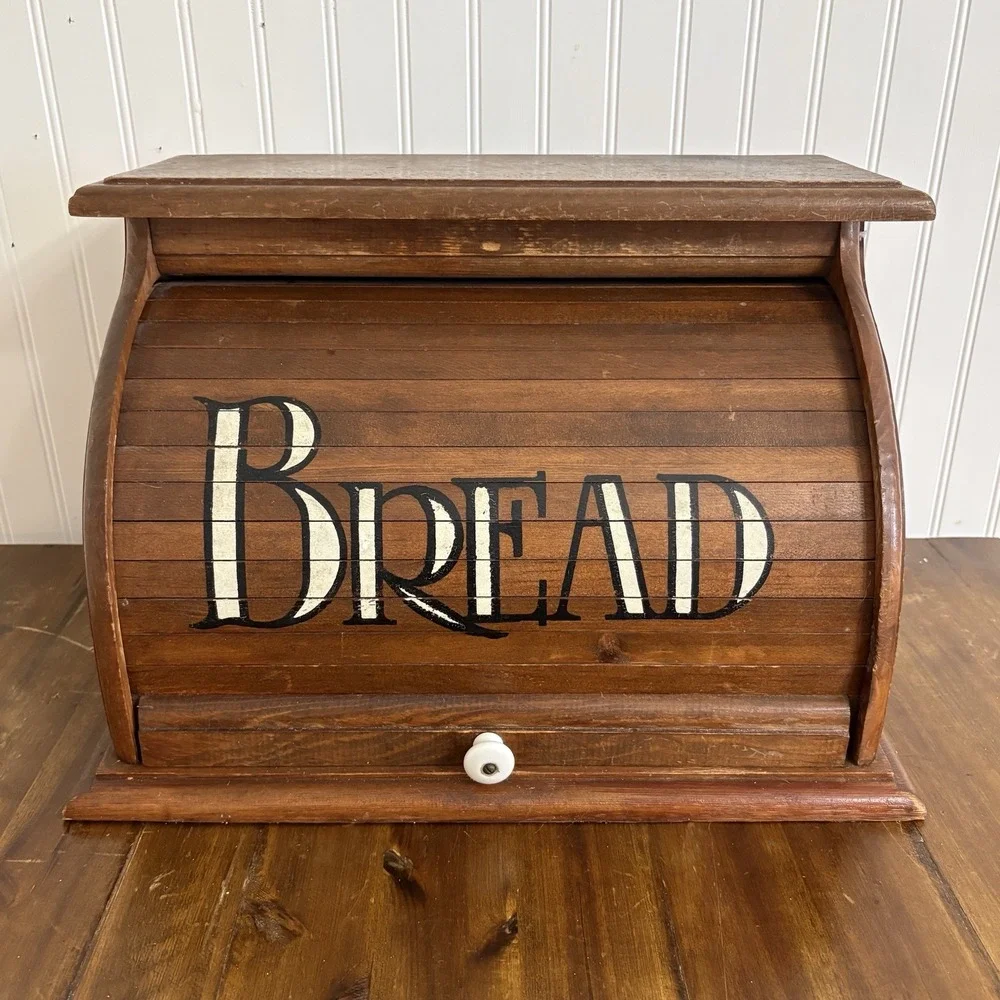 Vintage Wooden Bread Box Roll Top Storage Primitive Rustic Farmhouse Cottagecore